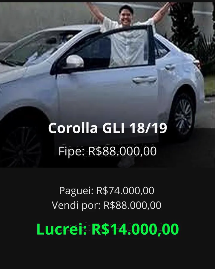 Corolla GLI 18/19: FIPE R$88.000, pagou R$74.000, vendeu por R$88.000, lucro R$14.000