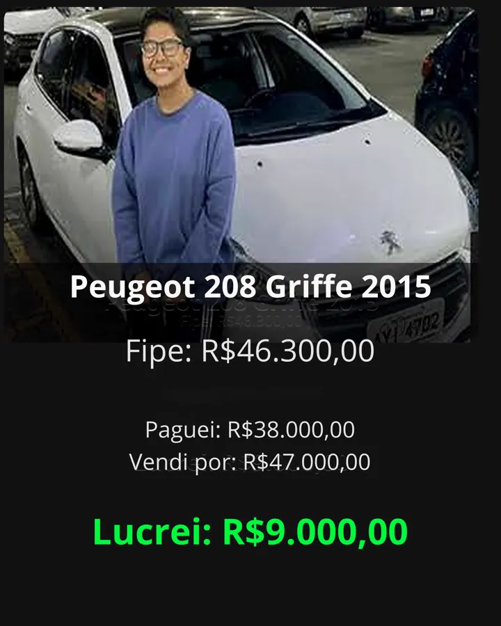 Peugeot 208 Griffe 2015: FIPE R$46.300, pagou R$38.000, vendeu por R$47.000, lucro R$9.000