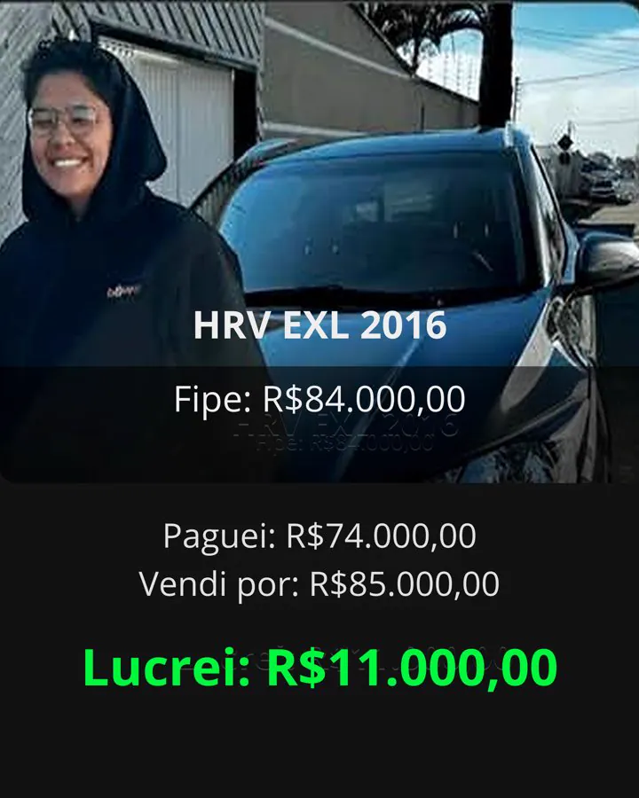 HR-V EXL 2016: FIPE R$84.000, pagou R$74.000, vendeu por R$85.000, lucro R$11.000